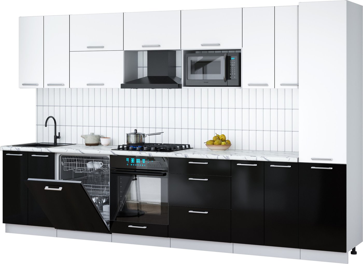 

Готовая кухня Интерлиния Мила Gloss 3.4-ПМ2 (черный глянец/белый/белый гранит)