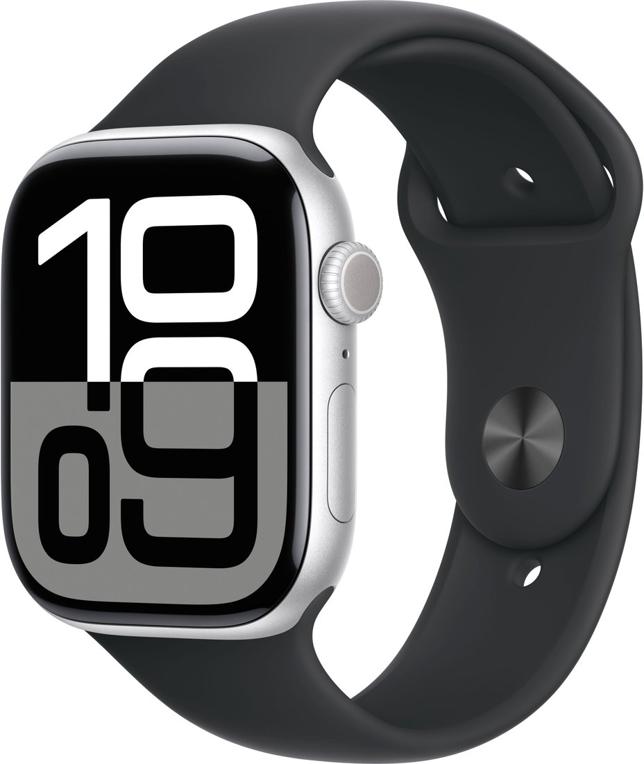 

Умные часы Apple Watch Series 10 46 мм (алюминиевый корпус, серебристый/черный, спортивный силиконовый ремешок S/M)