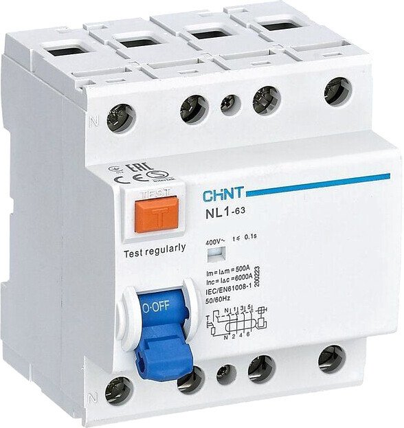 

Устройство защитного отключения Chint NL1-63 6kA 4P 63A 30mA AC(DB) (R)