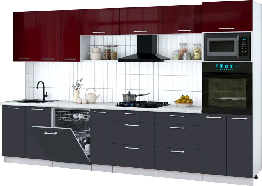 

Готовая кухня Интерлиния Мила Gloss 3.5-ПМ1-2 (пепел/бордовый глянец/серый каспий)