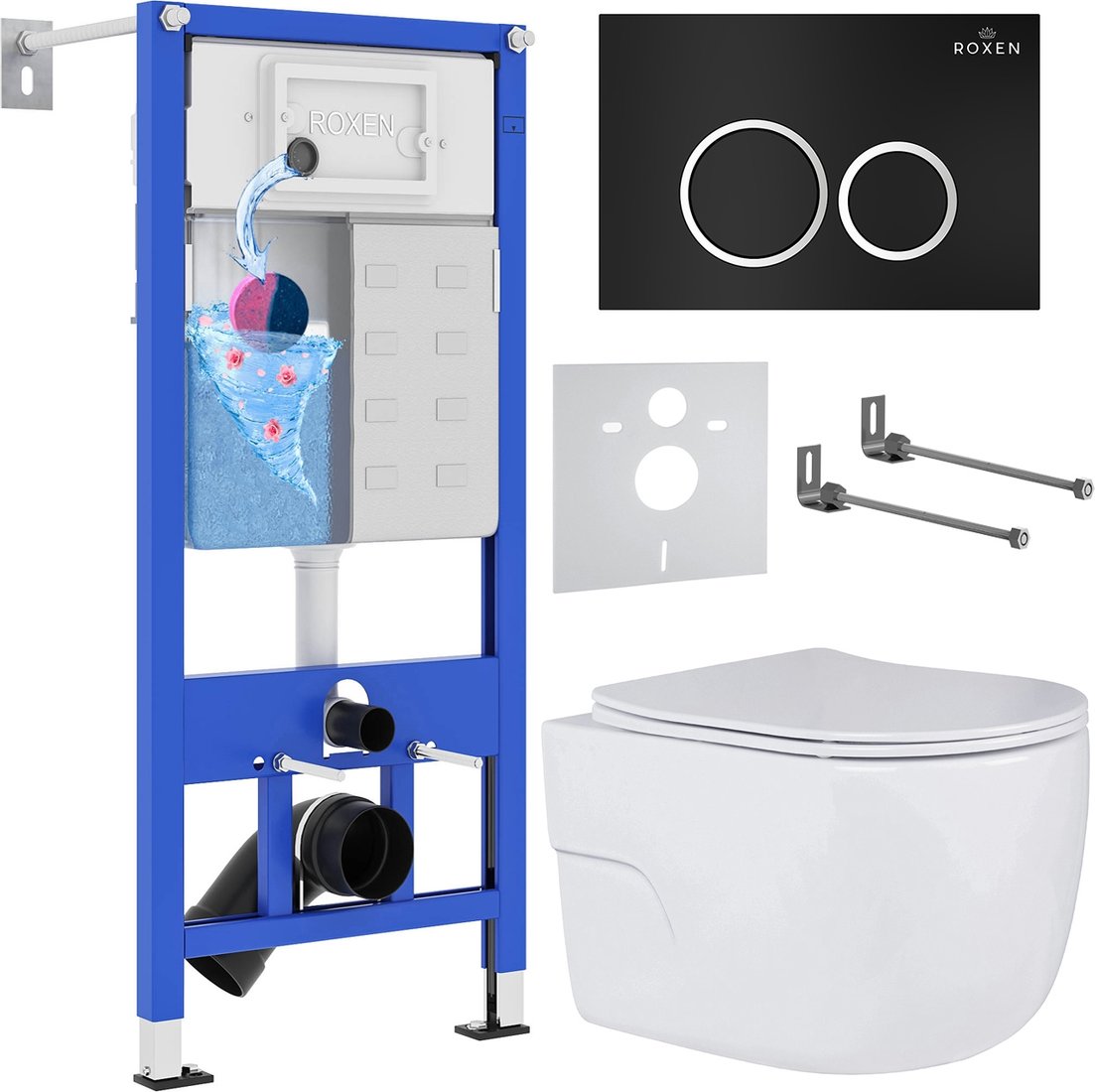 

Унитаз подвесной Roxen Porto One Rimless 6 в 1 StounFix Dual Fresh 507197 (кнопка: черный матовый)