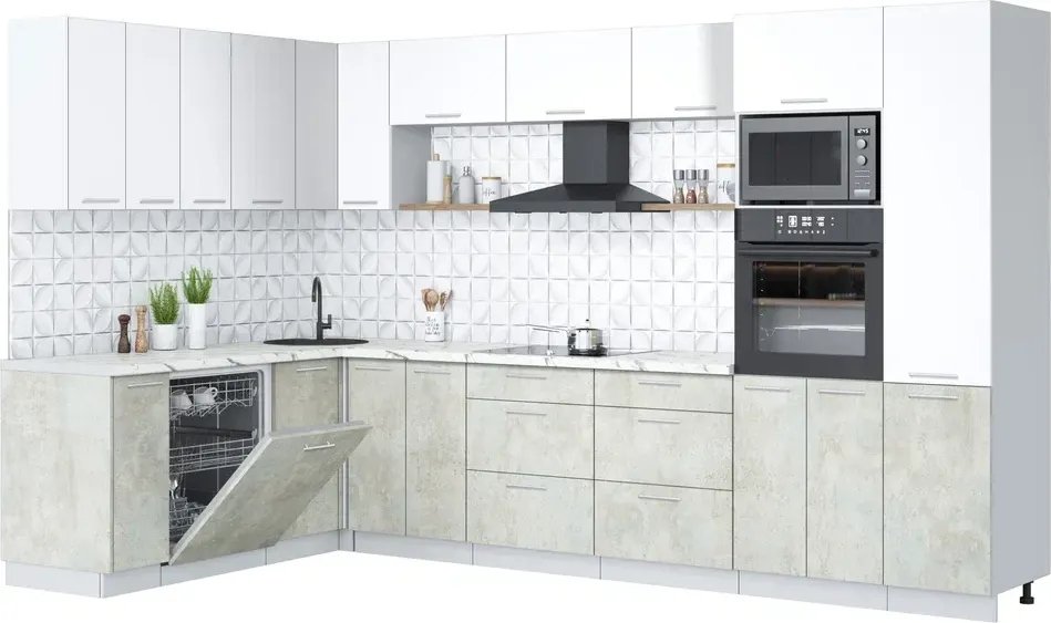 

Готовая кухня Интерлиния Мила Лайт 1.896х3.38 (белый платинум/бетон лайт/белый гранит)