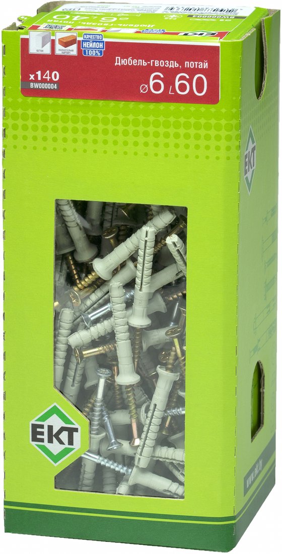 

Дюбель-гвоздь ЕКТ Потайной 6x60 BW000007 (140 шт, нейлон)