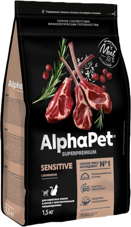 

Сухой корм для кошек AlphaPet Superpremium Sensitive с ягненком 1.5 кг