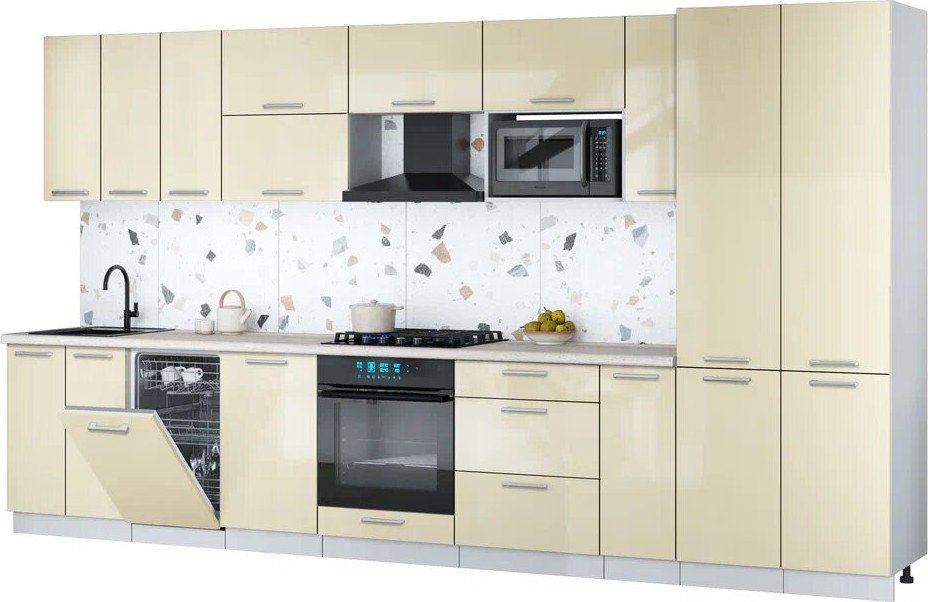 

Готовая кухня Интерлиния Мила Gloss 3.8-ПМ4 (ваниль глянец/ваниль глянец/травертин серый)