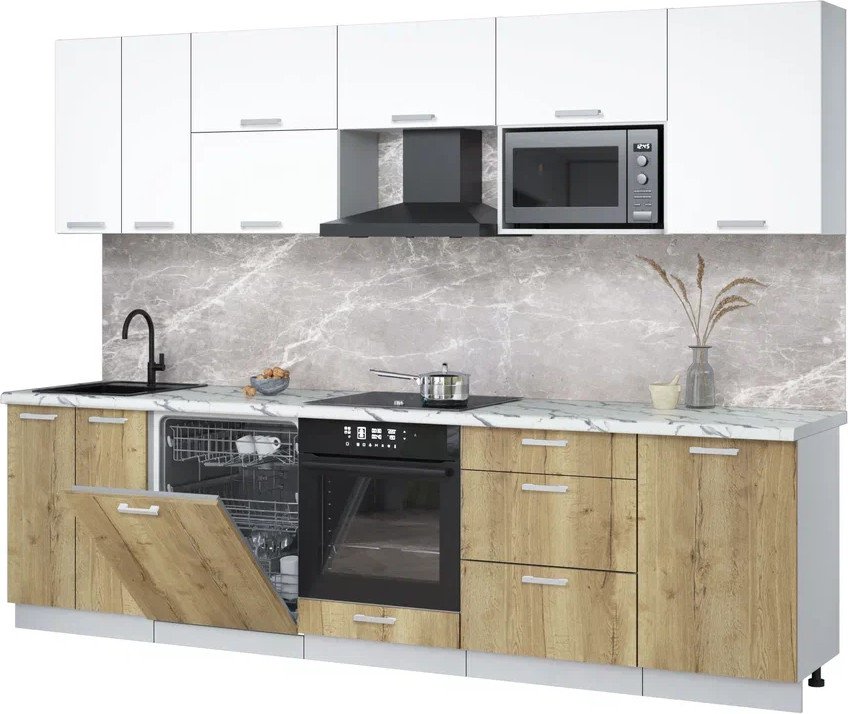 

Готовая кухня Интерлиния Мила Лайт 2.9-ПМ2 (белый платинум/дуб золотой/белый гранит)