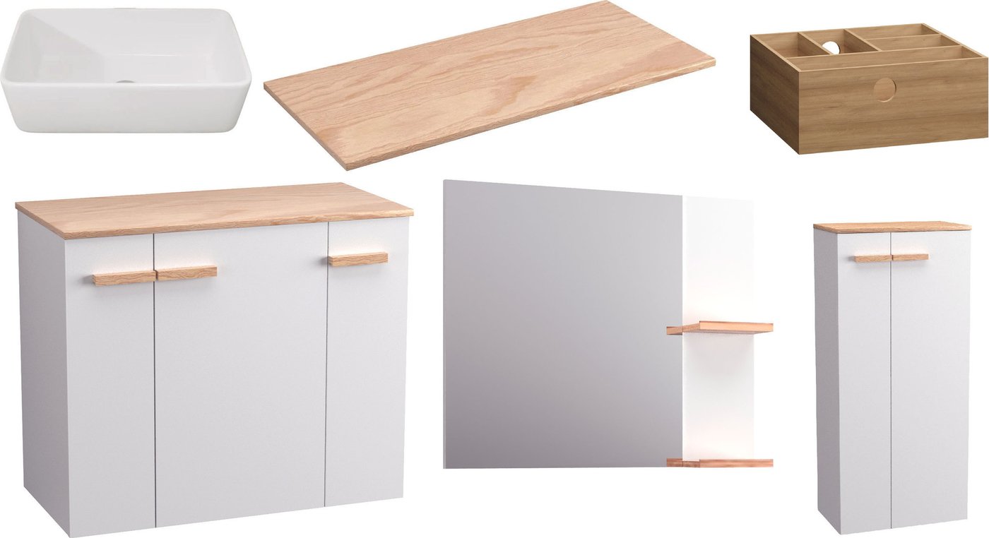 

Lauter Комплект мебели для ванной Adri тумба, столешница, раковина 21674A (органайзер 23 см, шкаф-пенал, зеркало, 79 см, белый глянец)