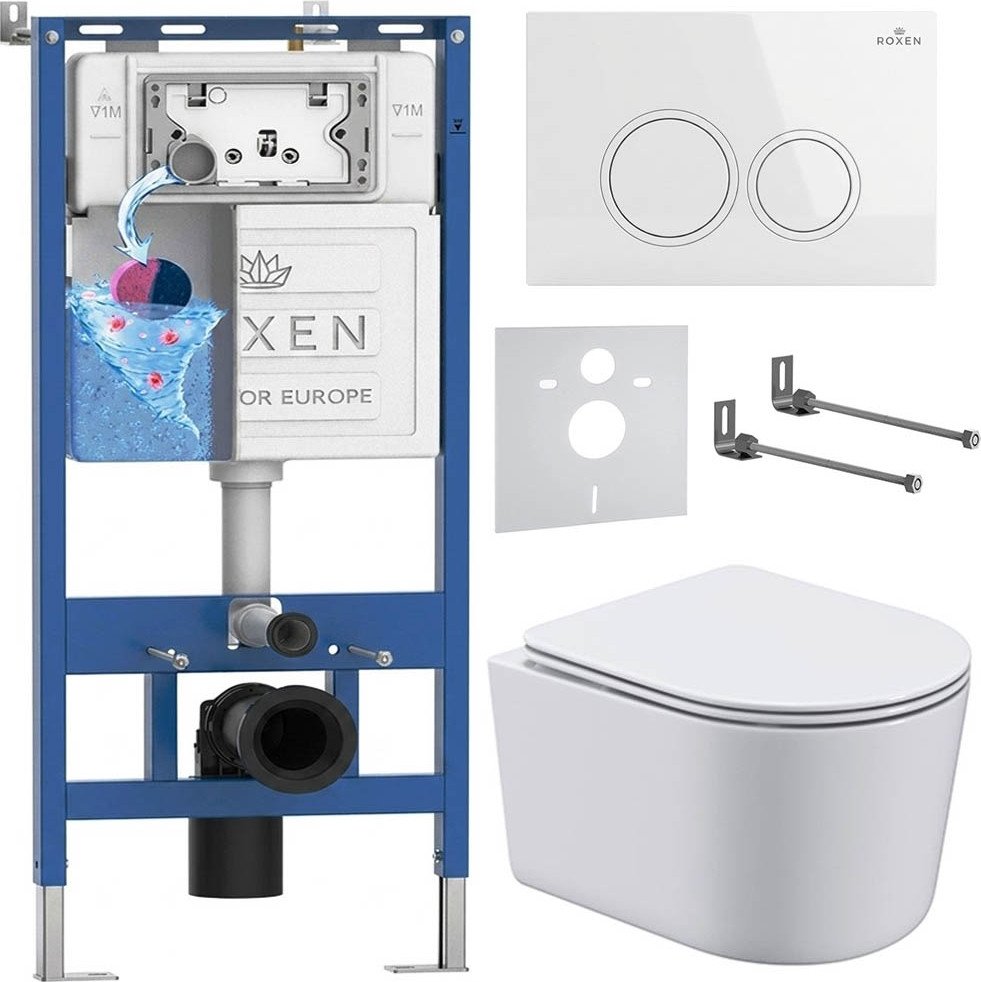 Унитаз подвесной Roxen Simple Compact в комплекте с инсталляцией StounFix Dual Fresh 6 в 1 906789 (кнопка: белый глянец)