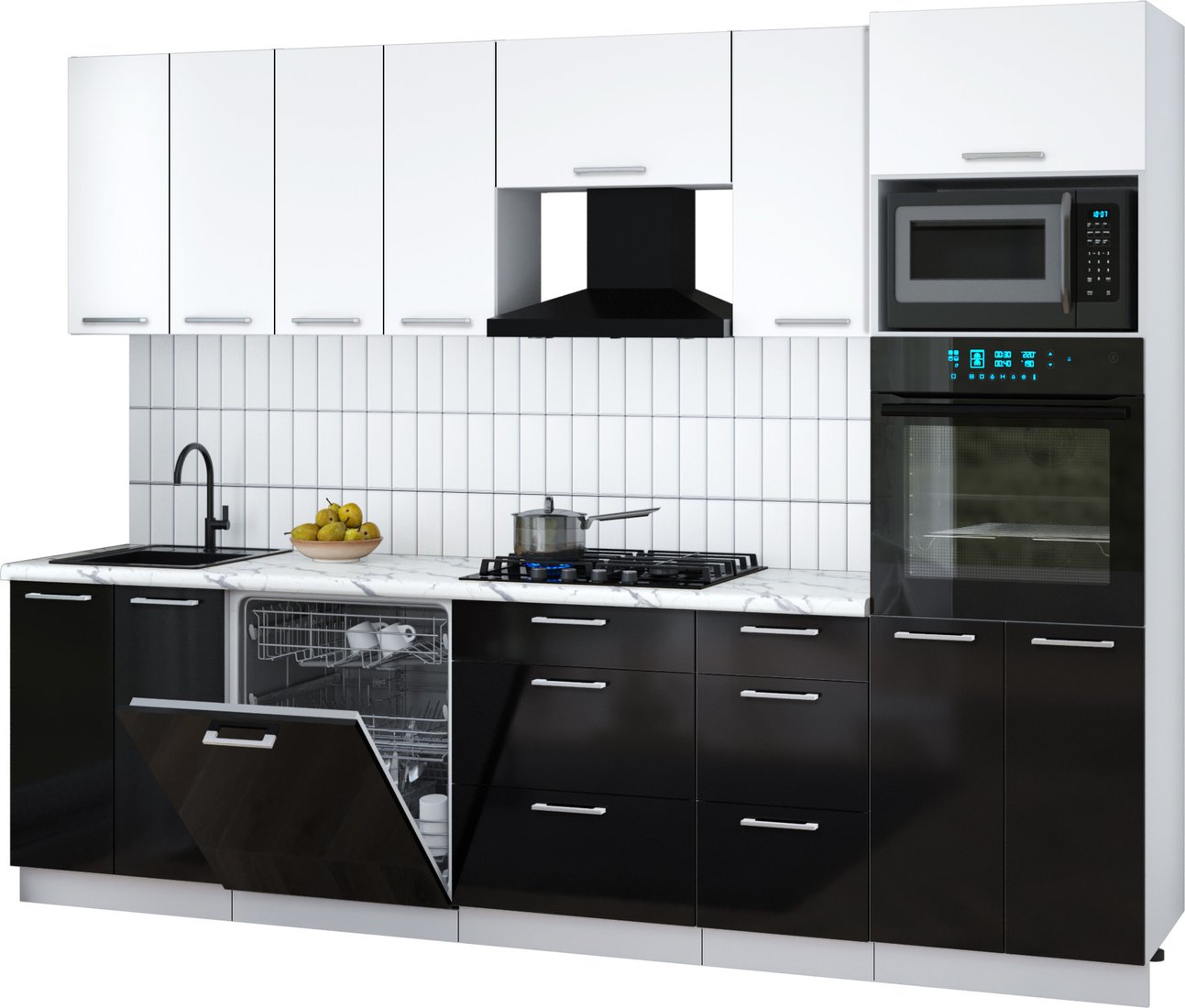 

Готовая кухня Интерлиния Мила Gloss 2.8-ПМ1 (черный глянец/белый/белый гранит)