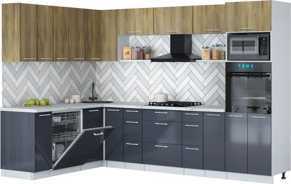 

Готовая кухня Интерлиния Мила Gloss 1.896х2.98-2 (асфальт глянец/дуб вотан/серый каспий)