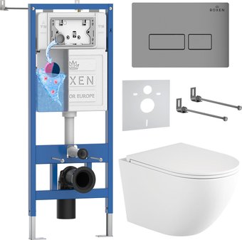 Унитаз подвесной Roxen Antares Tornado Long в комплекте с инсталляцией StounFix Dual Fresh 6 в 1 868415 (кнопка: хром матовый матовая)