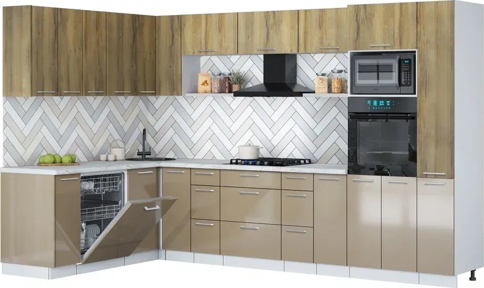 

Готовая кухня Интерлиния Мила Gloss 1.896х3.28 (капучино глянец/дуб вотан/серый каспий)