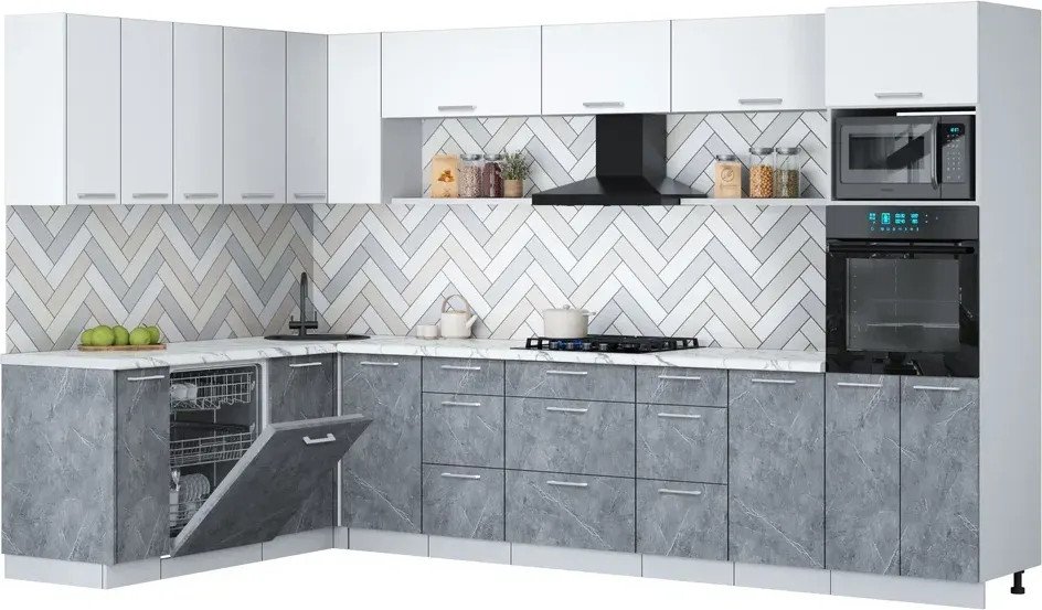 Готовая кухня Интерлиния Мила Gloss 1.896х3.38-2 (керамика/белый/белый гранит)