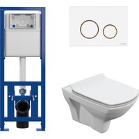 Унитаз подвесной Cersanit Carina New Clean On с инстал. Link Pro (с кнопкой Twins 63535 белый/золото)