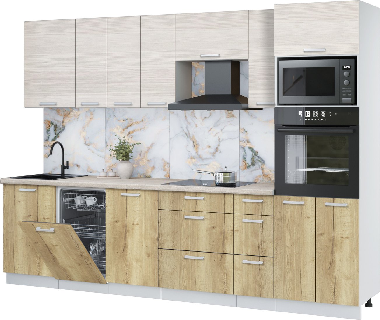 

Готовая кухня Интерлиния Мила Лайт 2.9-ПМ3 (вудлайн кремовый/дуб золотой/травертин серый)