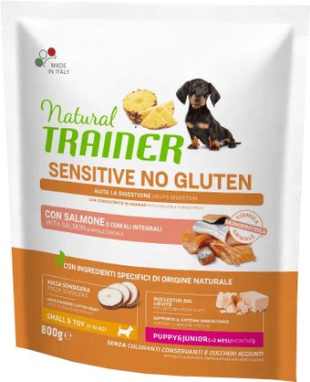 Сухой корм для собак Trainer Для щенков мелких и мини пород с чувствительным пищев. с лососем 0.8 кг