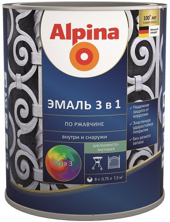 

Эмаль Alpina По ржавчине 3 в 1. База 3. 0.64 л (шелковисто-матовый прозрачный)