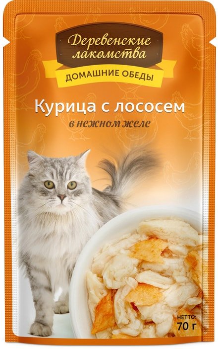 

Консервированный корм для кошек Деревенские лакомства Курица с лососем в желе 70 г