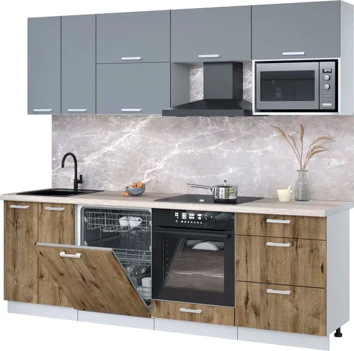 

Готовая кухня Интерлиния Мила Лайт 2.4-ПМ2 (серебро/дуб веллингтон/травертин серый)