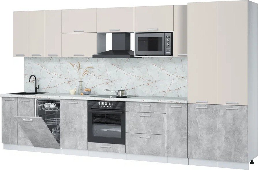 

Готовая кухня Интерлиния Мила Лайт 3.8-ПМ4 (персидский жемчуг/бетон/серый каспий)