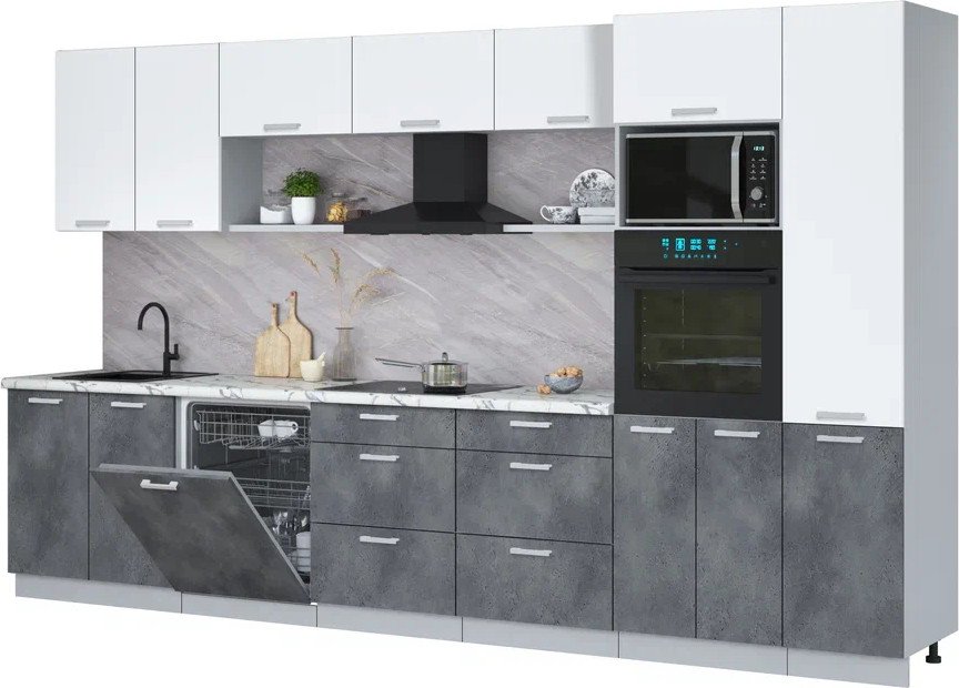 

Готовая кухня Интерлиния Мила Лайт 3.6-ПМ1 (белый платинум/бетон портленд/белый гранит)