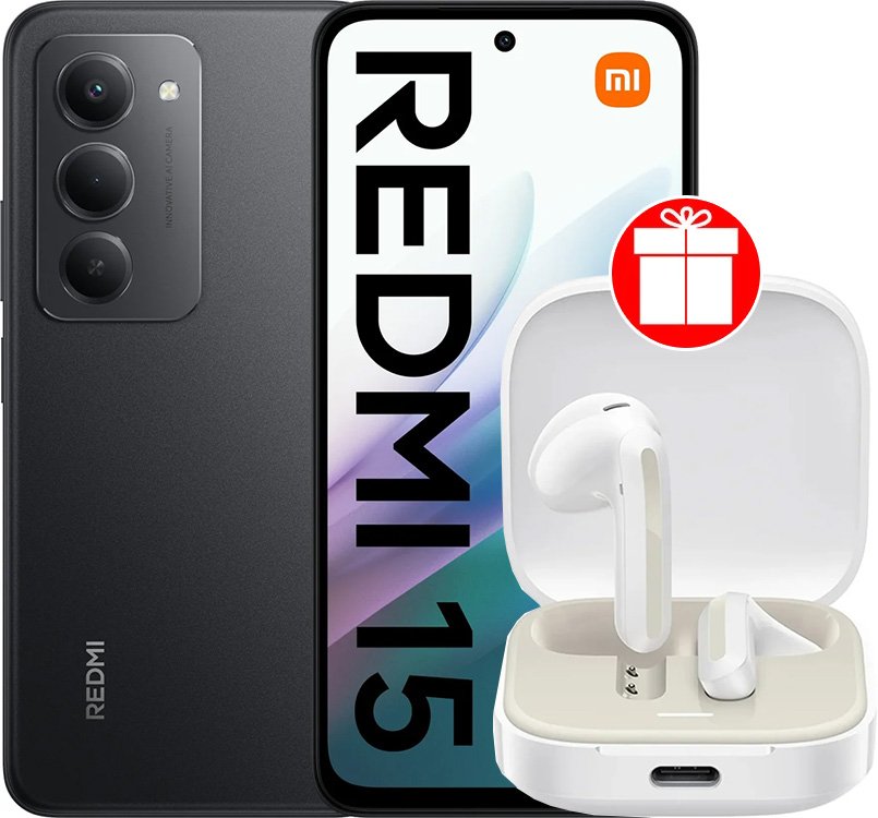 Телефон Xiaomi Redmi 15 4G 6GB/128GB международная версия (черный) + наушники Xiaomi Redmi Buds 6 Active M2344E1 (белый) по акции