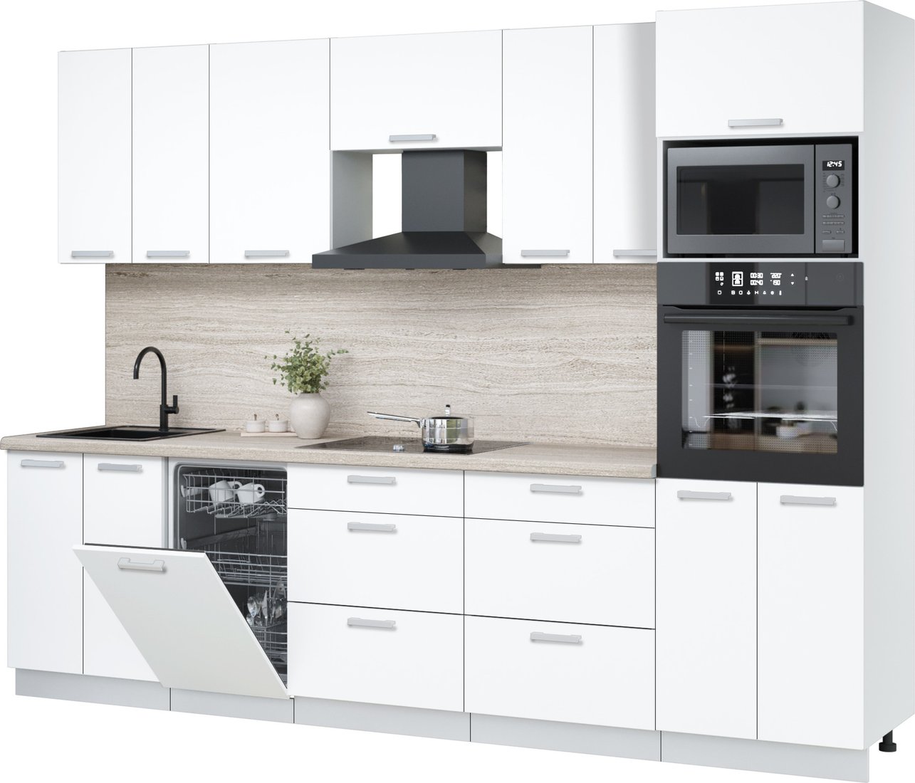 

Готовая кухня Интерлиния Мила Лайт 2.85-ПМ3 (белый платинум/белый платинум/травертин серый)