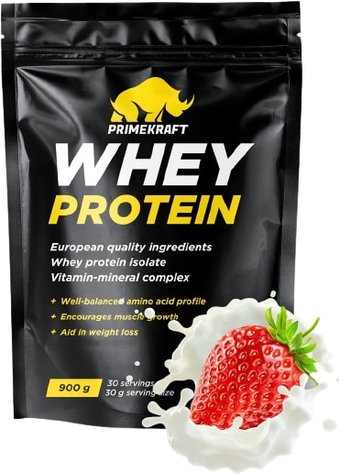 Протеин сывороточный (концентрат) Prime Kraft Whey Protein с витаминами и минералами (900г, клубничный йогурт)