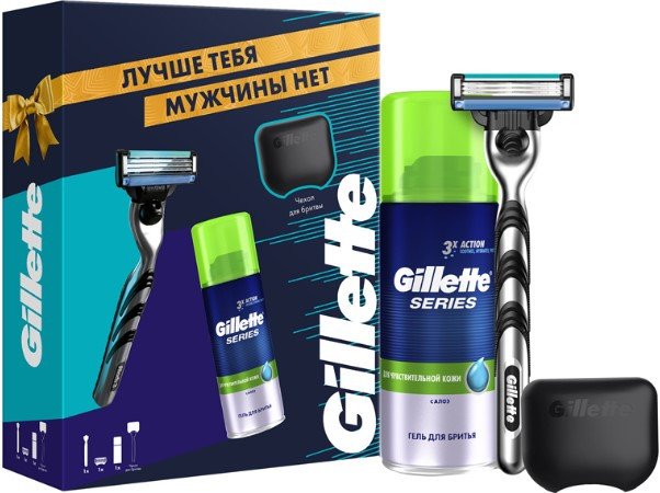 

Подарочный набор Gillette Mach3 (бритва с 1 кассетой+гель д/бритья для чувствит.кожи75мл +чехол д/бр)