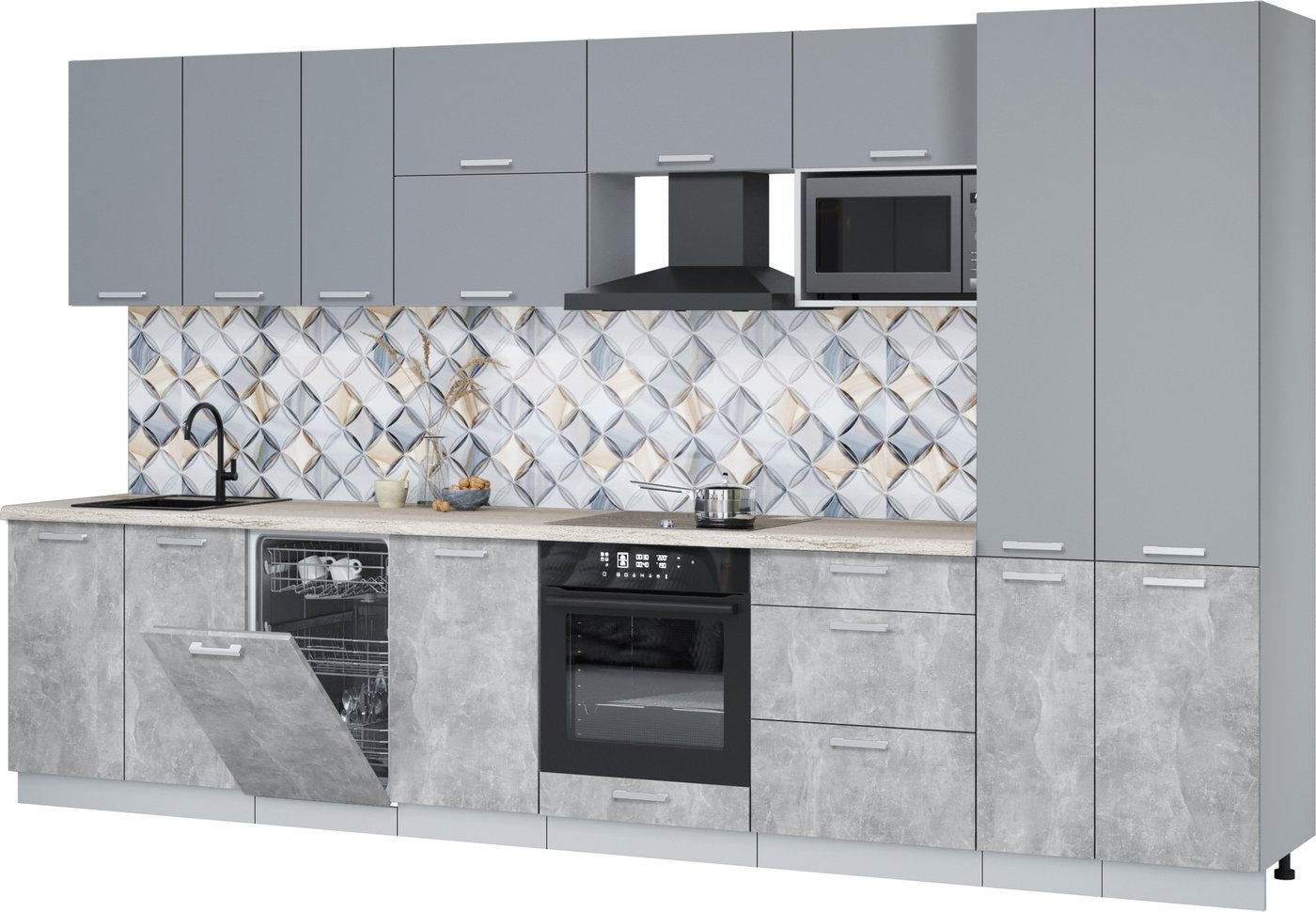 

Готовая кухня Интерлиния Мила Лайт 3.6-ПМ4 (серебро/бетон/травертин серый)