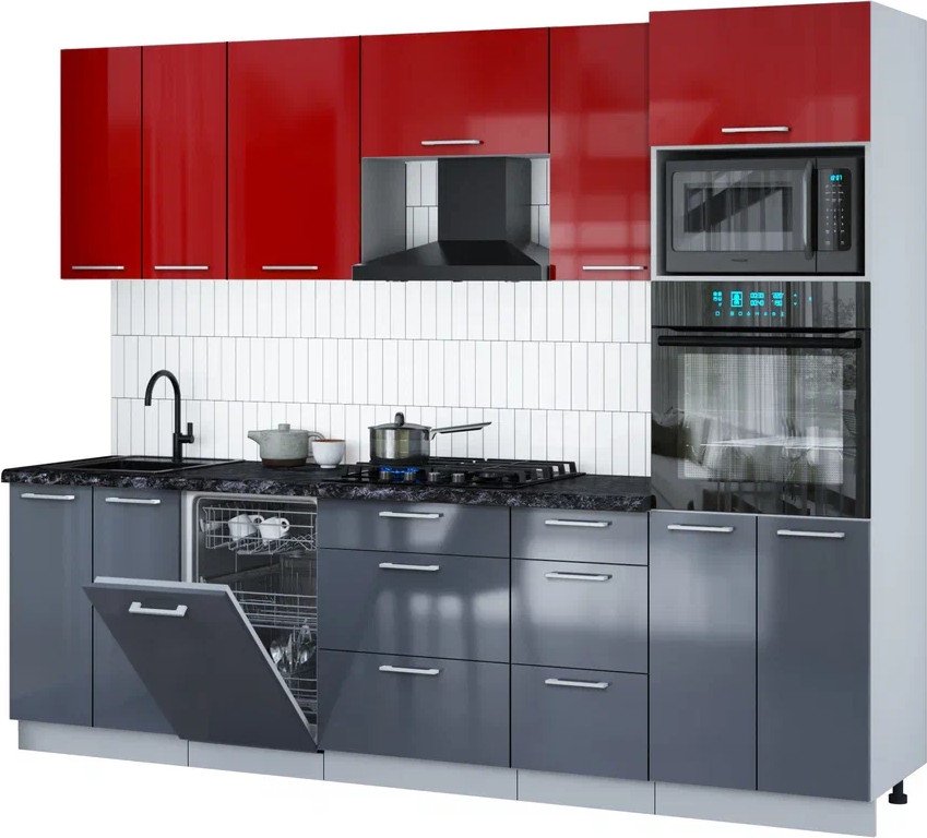 

Готовая кухня Интерлиния Мила Gloss 2.65-ПМ3 (асфальт глянец/красный глянец/кастилло темный)