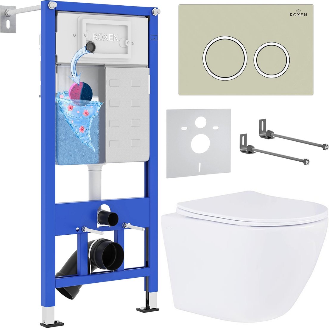

Унитаз подвесной Roxen Antares 530185-01 в комплекте с инсталляцией StounFix Dual Fresh 6 в 1 966181 (кнопка: бежевый)