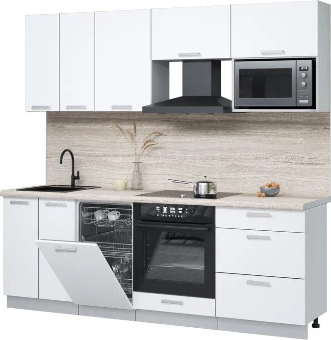 

Готовая кухня Интерлиния Мила Лайт 2.25-ПМ4 (белый платинум/белый платинум/травертин серый)