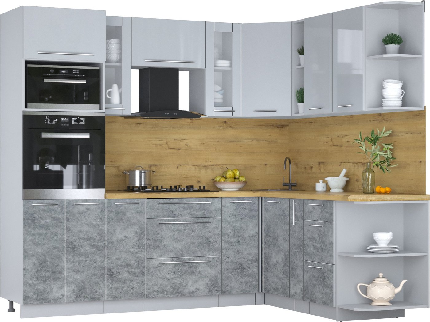 

Готовая кухня Интерлиния Мила Пластик 1.88x2.4 PR (туманный глянец/мрамор/дуб бунратти)