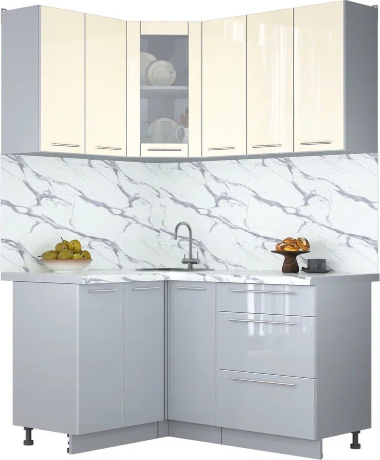 

Готовая кухня Интерлиния Мила Пластик 1.2x1.5 (ваниль/туманный глянец/белый гранит)