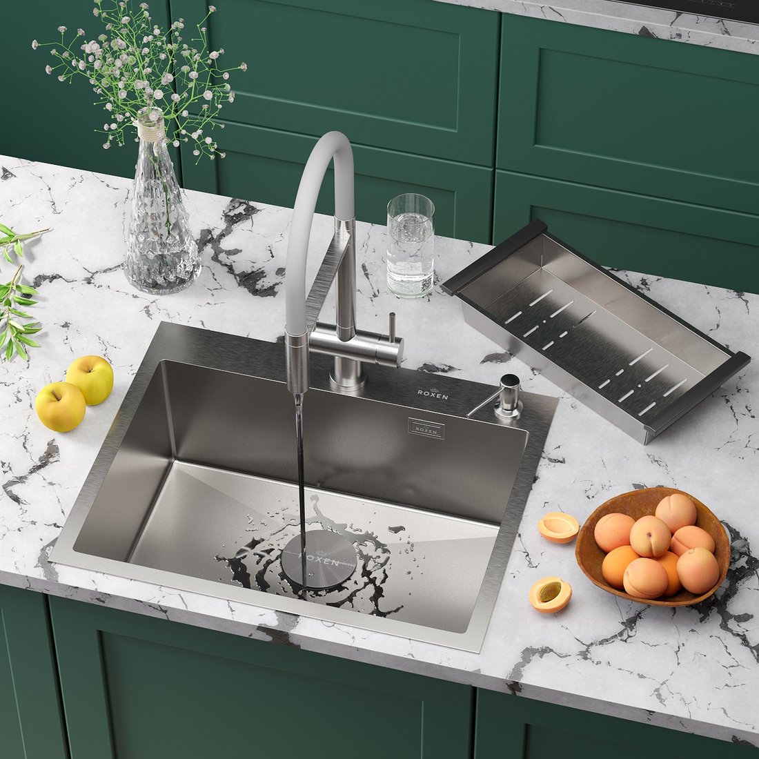 

Кухонная мойка Roxen Simple 560220-60-V сатин/текстурная (с коландером и дозатором)