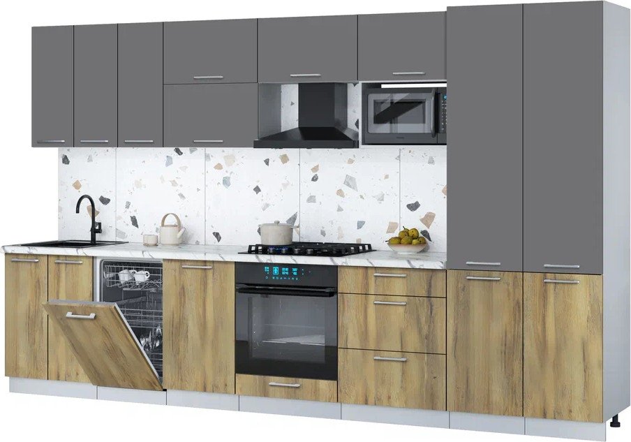 

Готовая кухня Интерлиния Мила Gloss 3.5-ПМ4 (дуб вотан/серый/белый гранит)