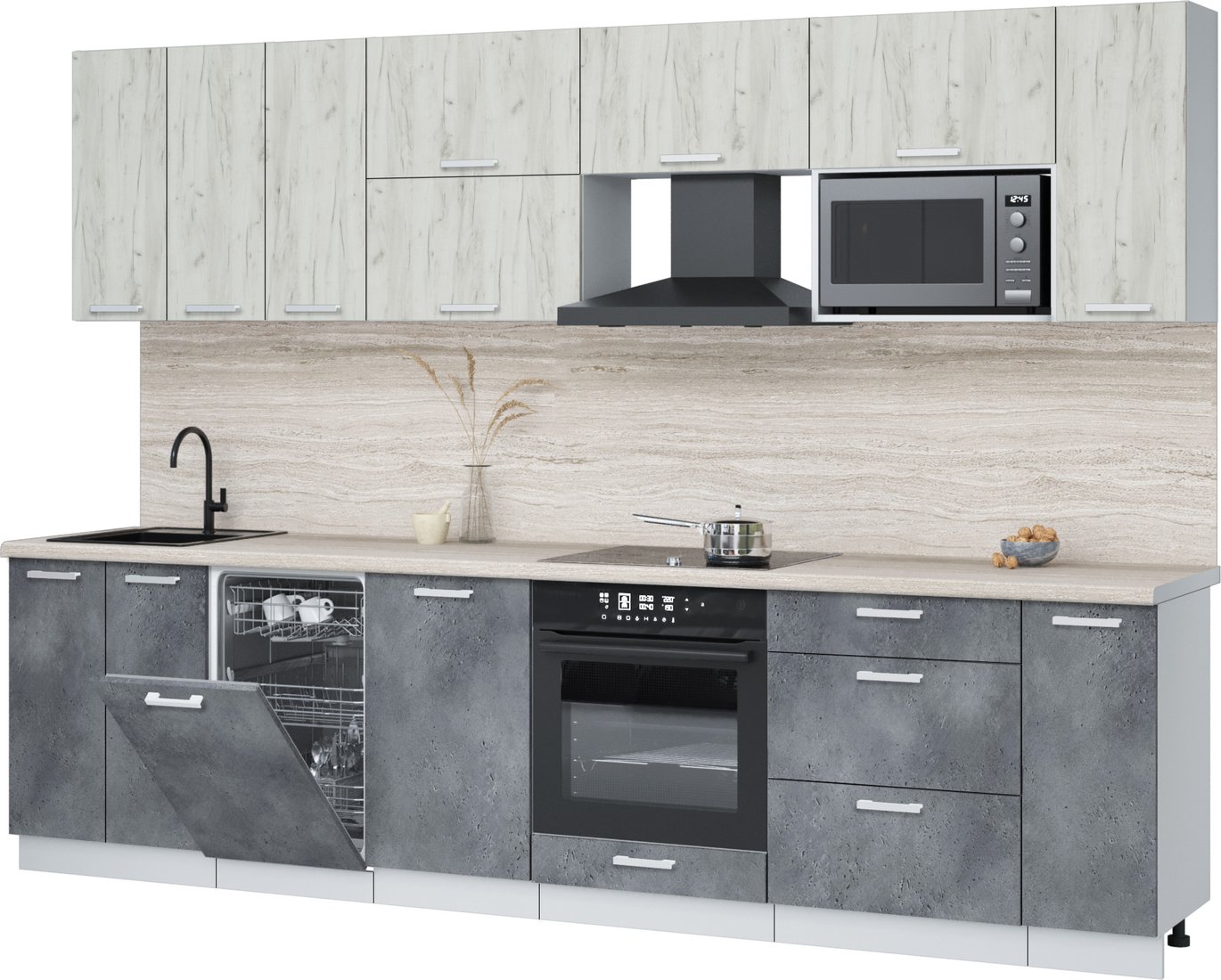 

Готовая кухня Интерлиния Мила Лайт 3.0-ПМ4 (дуб белый/бетон портленд/травертин серый)