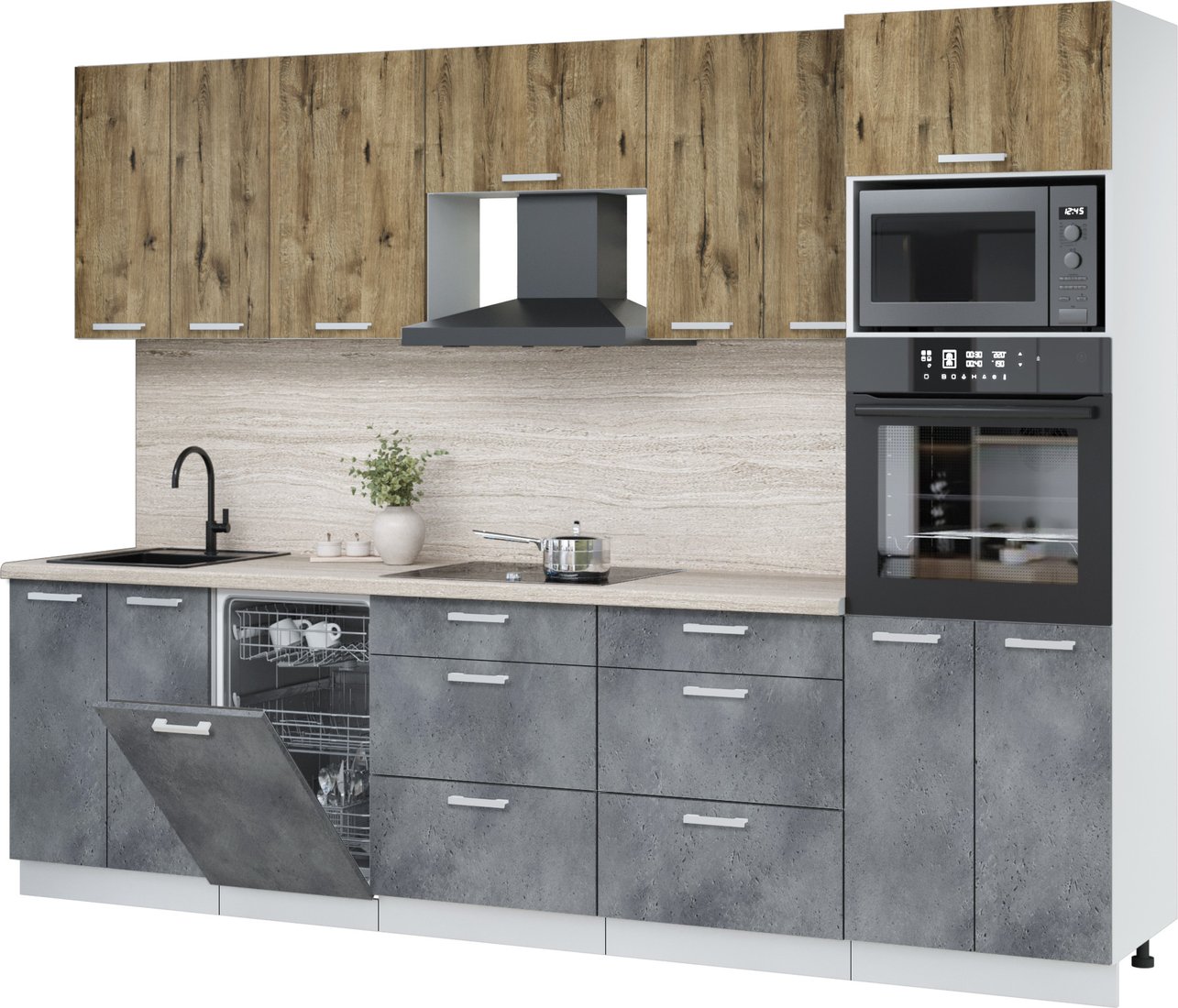 

Готовая кухня Интерлиния Мила Лайт 2.85-ПМ3 (дуб веллингтон/бетон портленд/травертин серый)