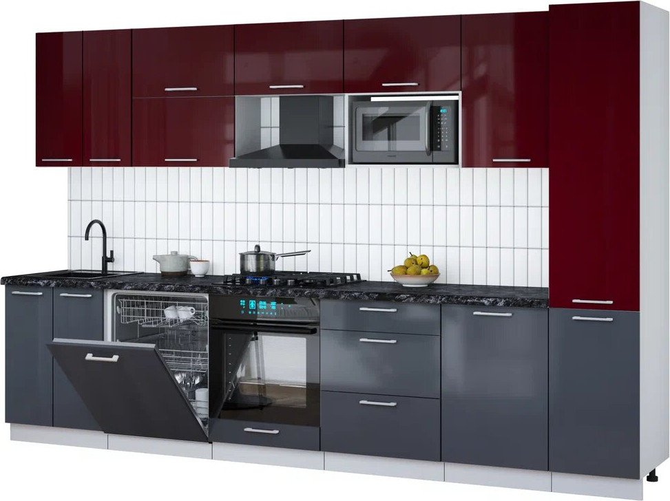 

Готовая кухня Интерлиния Мила Gloss 3.3-ПМ2 (асфальт глянец/бордовый глянец/кастилло темный)