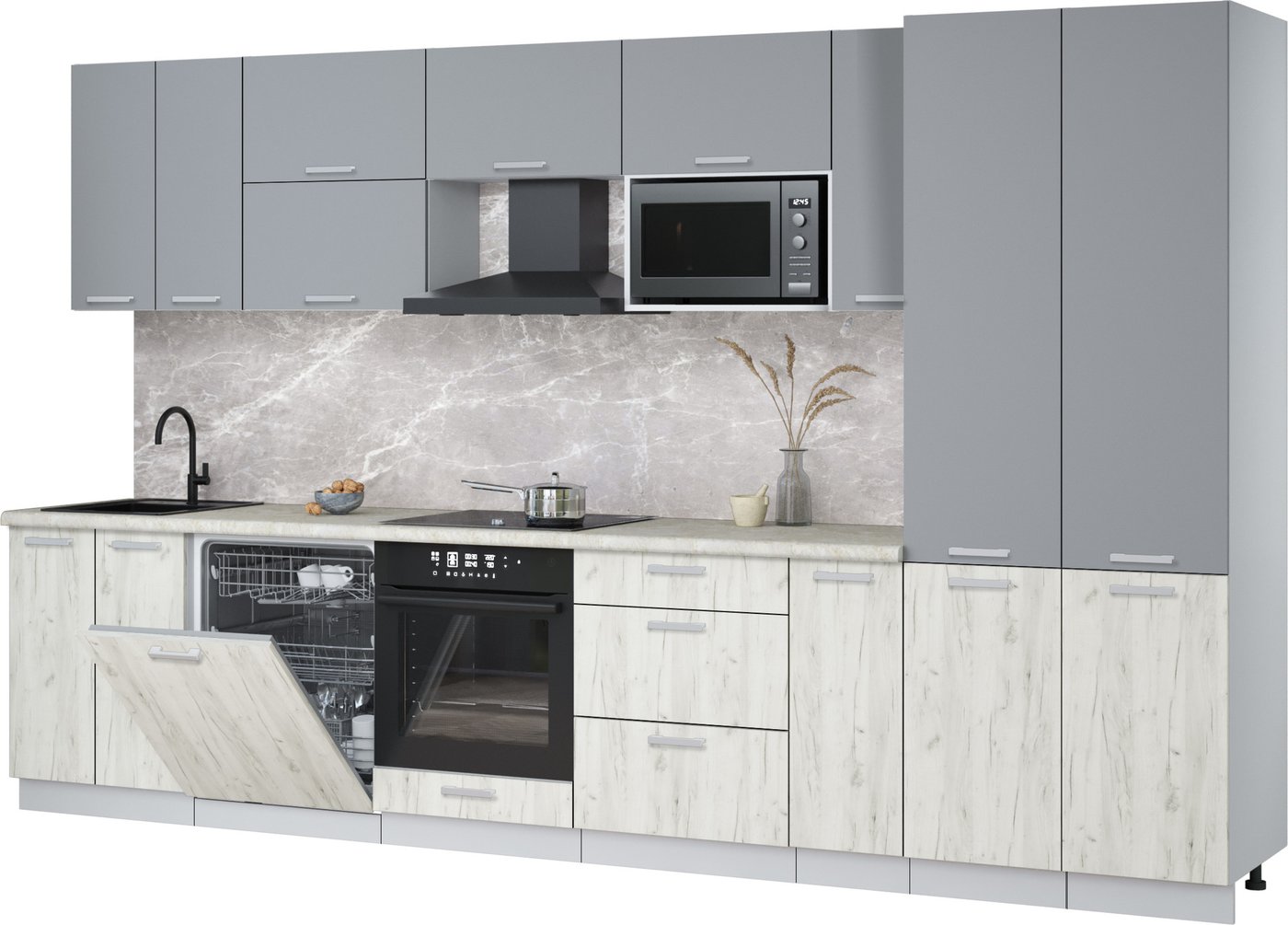 

Готовая кухня Интерлиния Мила Лайт 3.5-ПМ2 (серебро/дуб белый/опал светлый)