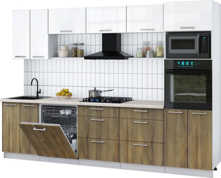 

Готовая кухня Интерлиния Мила Gloss 3.0-ПМ1 (дуб вотан/белый глянец/травертин серый)