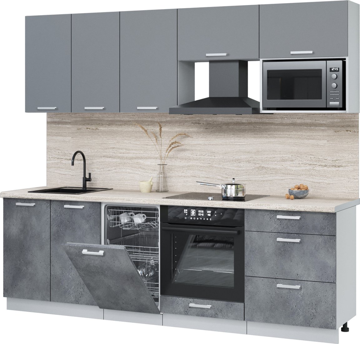 

Готовая кухня Интерлиния Мила Лайт 2.45-ПМ4 (серебро/бетон портленд/травертин серый)