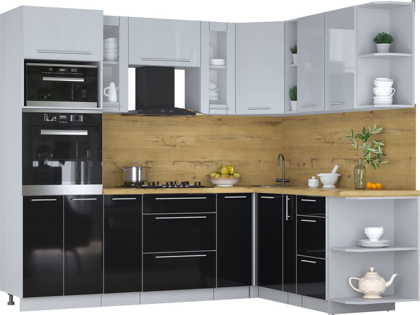 

Готовая кухня Интерлиния Мила Пластик 1.88x2.4 PR (туманный глянец/черный глянец/дуб бунратти)