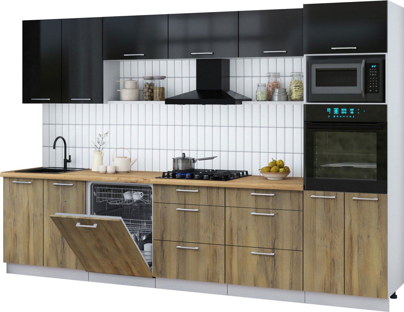 

Готовая кухня Интерлиния Мила Gloss 3.2-ПМ1 (дуб вотан/черный глянец/дуб бунратти)