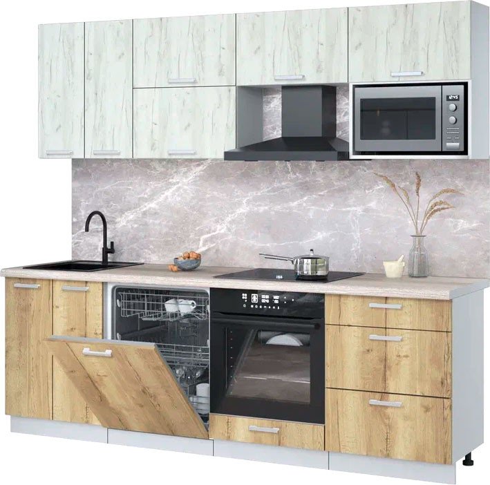 

Готовая кухня Интерлиния Мила Лайт 2.4-ПМ2 (дуб белый/дуб золотой/травертин серый)