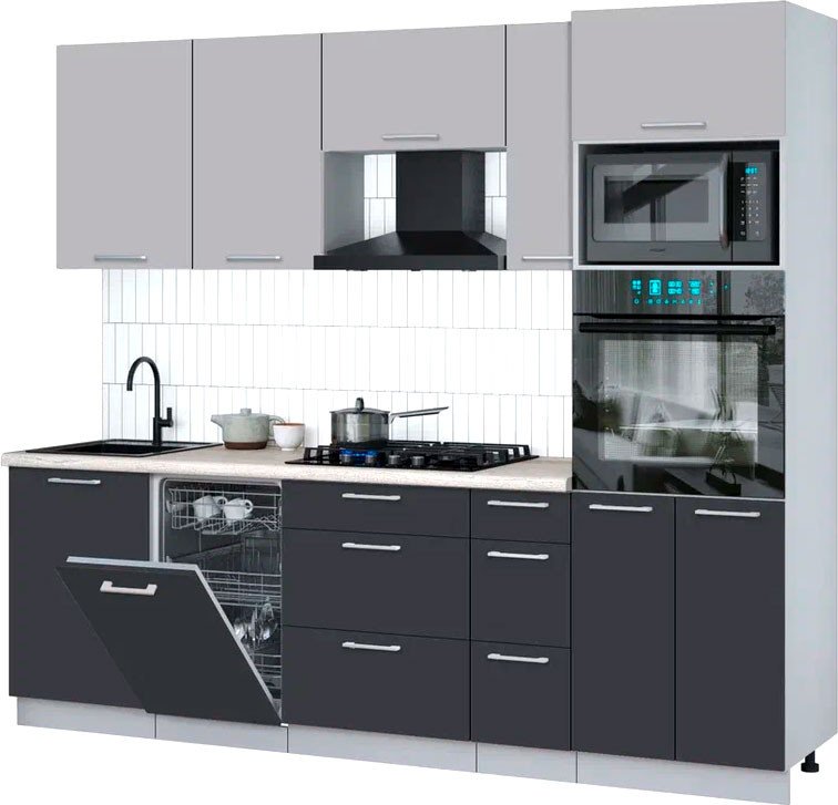 

Готовая кухня Интерлиния Мила Gloss 2.45-ПМ3 (пепел/грей/травертин серый)