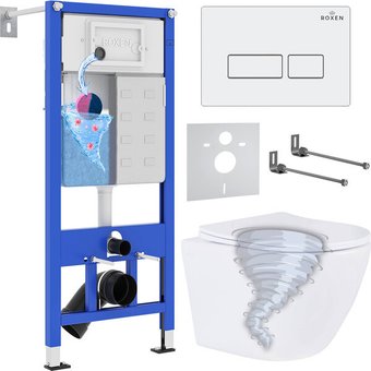 Унитаз подвесной Roxen Antares Tornado Long в комплекте с инсталляцией StounFix Dual Fresh 6 в 1 868411 (кнопка: белый глянцевая)