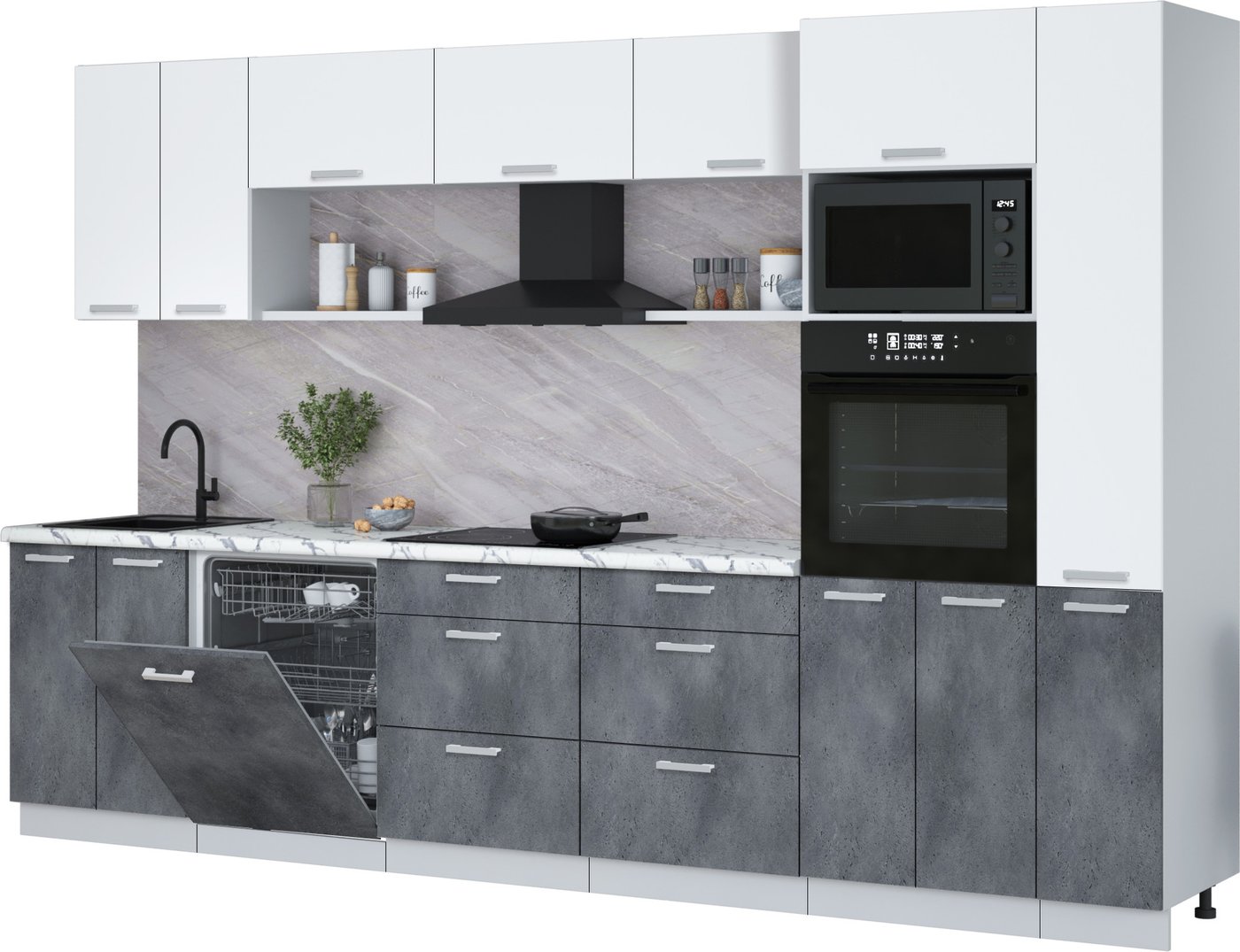 

Готовая кухня Интерлиния Мила Лайт 3.3-ПМ1 (белый платинум/бетон портленд/белый гранит)