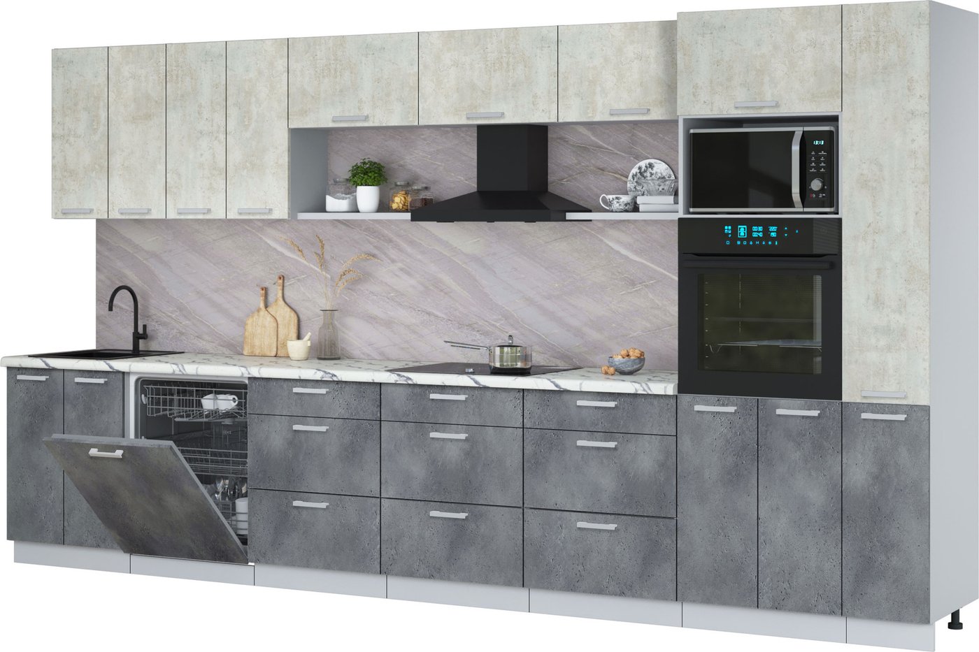 

Готовая кухня Интерлиния Мила Лайт 3.9-ПМ1 (бетон лайт/бетон портленд/белый гранит)